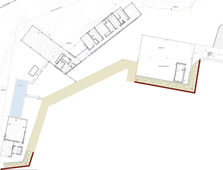 The Falling Leaves site plan — main house, pool house, and covered pavilion across ten acres